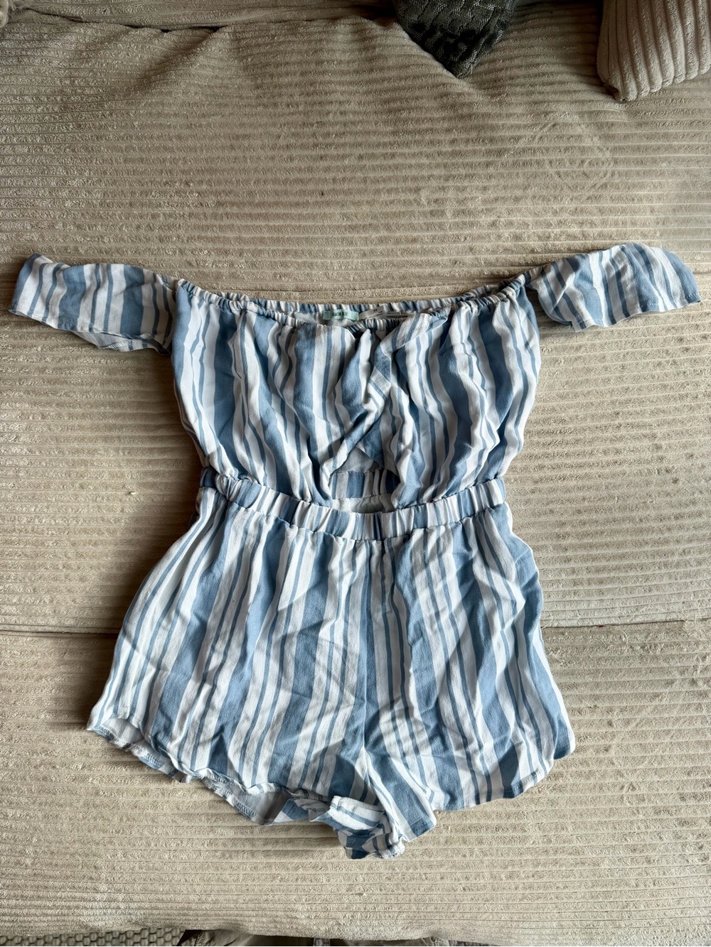 Urban Outfitters Blue & White Striped Off-the-Shoulder Romper